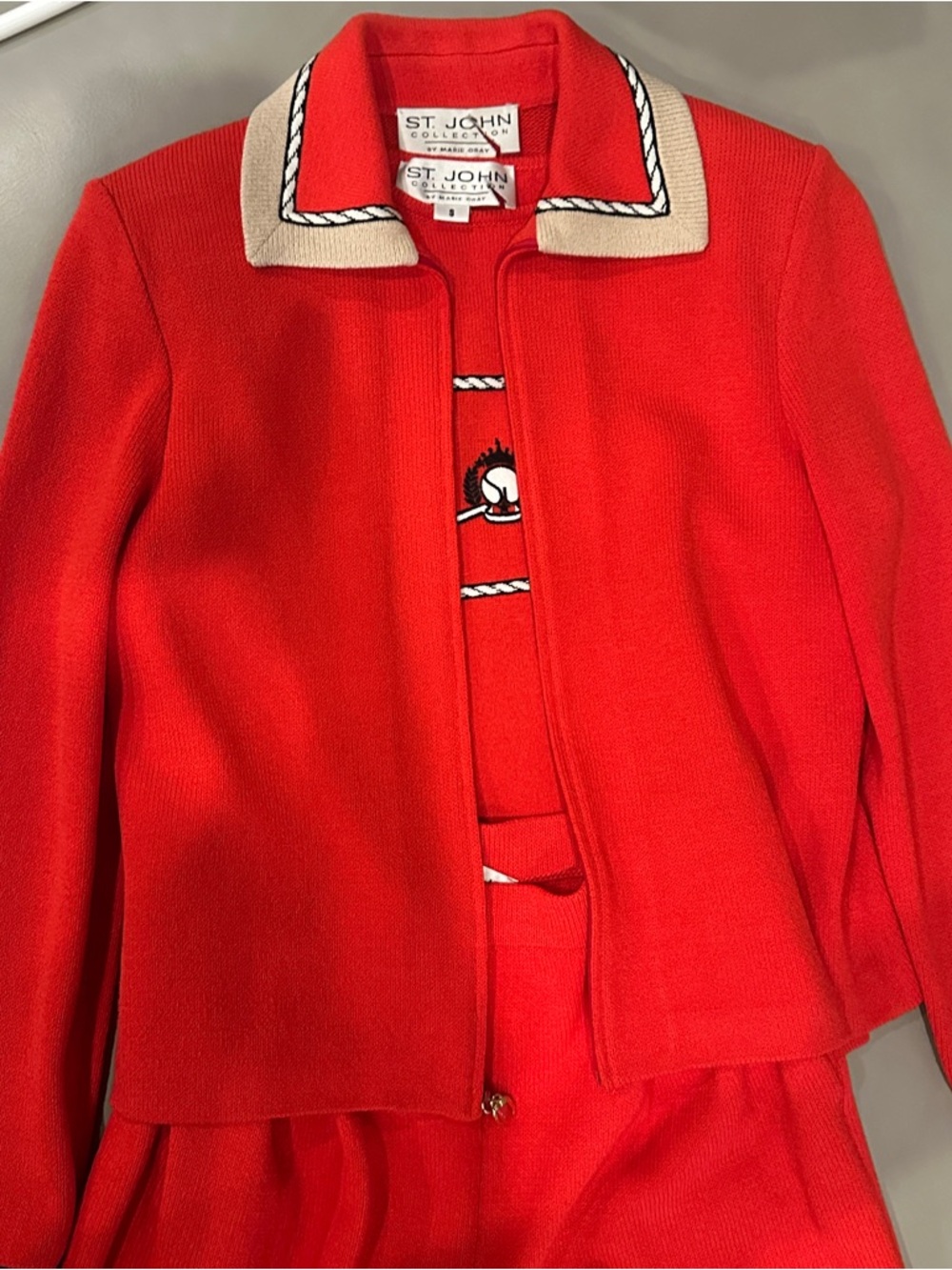 St. John Collection 3pc Santana Knit Pant Suit Set in Warm Red/Tan